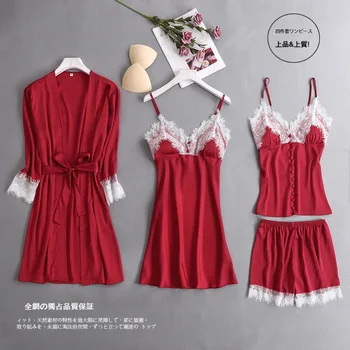 Robe Sets 4 Pieces Robe+Nightdress+Top+Shorts Silk Satin Bathrobe Set Summer Sleepwear Lace Nightwear Set For Women Pijama Mujer
Robe Sets 4 Pieces Robe+Nightdress+Top+Shorts Silk Satin Bathrobe Set Summer Sleepwear Lace Nightwear Set For Women Pijama Mujer