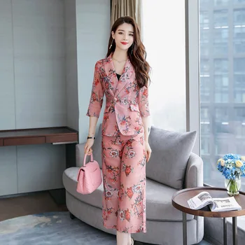 Summer thin British style elegant Blazers suit organza pant suits female fashion Print suit jacket and wide leg pants two-piece
Summer thin British style elegant Blazers suit organza pant suits female fashion Print suit jacket and wide leg pants two-piece