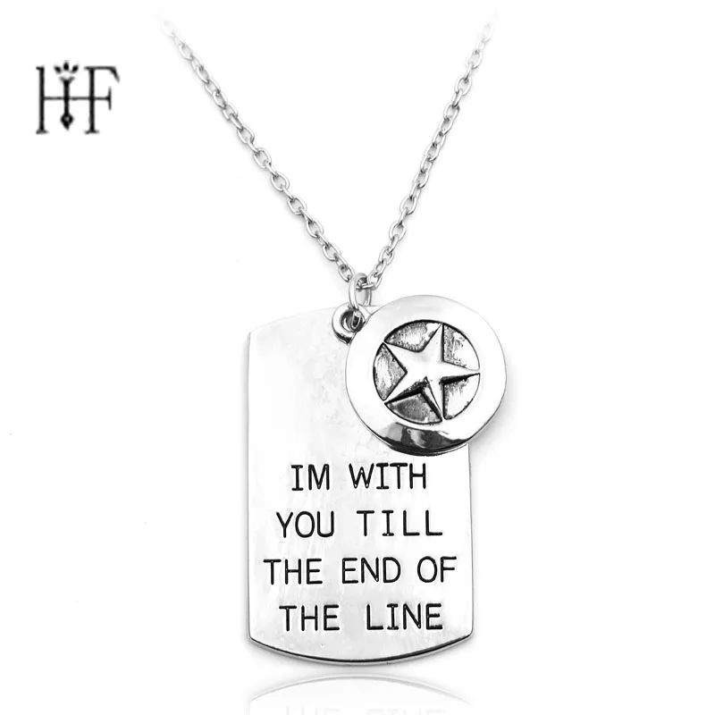 The Avengers Captain America Necklace,"I'M with you till the end of the Line"Hand carved Lovers Necklace with Shield Logo
The Avengers Captain America Necklace,"I'M with you till the end of the Line"Hand carved Lovers Necklace with Shield Logo