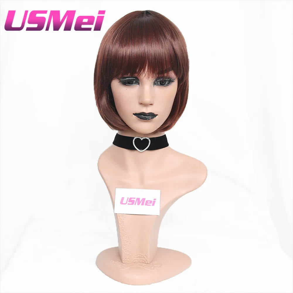 Image USMEI bob wigs with neat fringe heat resistant synthetic wig look real mixed color pelucas  bangs pelo natural cosplay hair