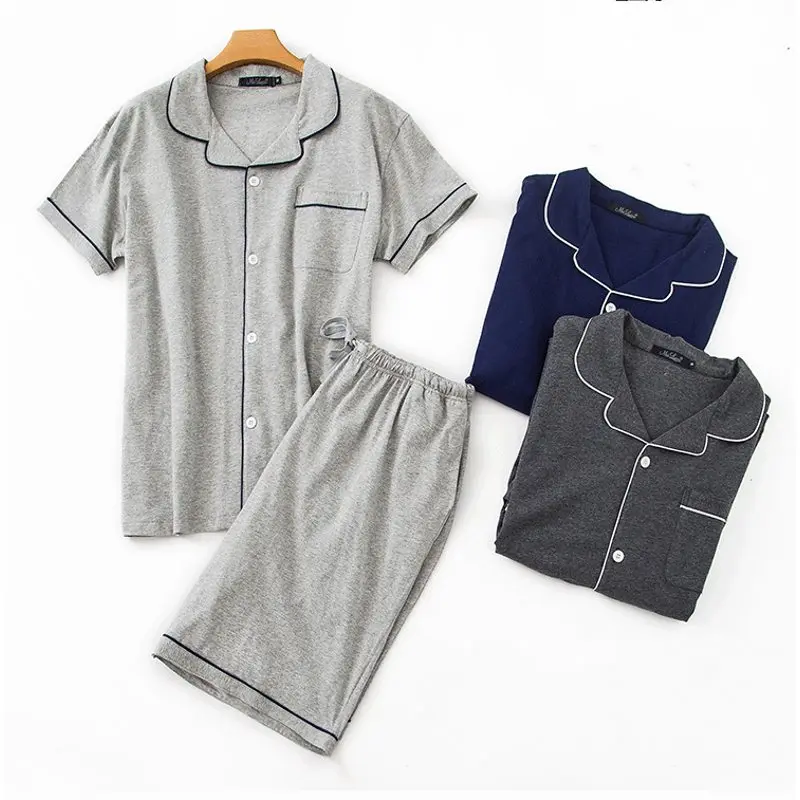 Фото 2019 Summer Men's Casual Pajama sets Men Turn-down Collar shirt & half pants Male 100% Cotton sleepwear suit Plus size XL | Мужская
