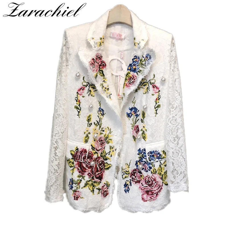 2019 Autumn White Lace Blazer Women Long Sleeve Notched Flower Embroidery Pearls Blazer Shawl Collar Pocket Floral Jacket Coat
2019 Autumn White Lace Blazer Women Long Sleeve Notched Flower Embroidery Pearls Blazer Shawl Collar Pocket Floral Jacket Coat