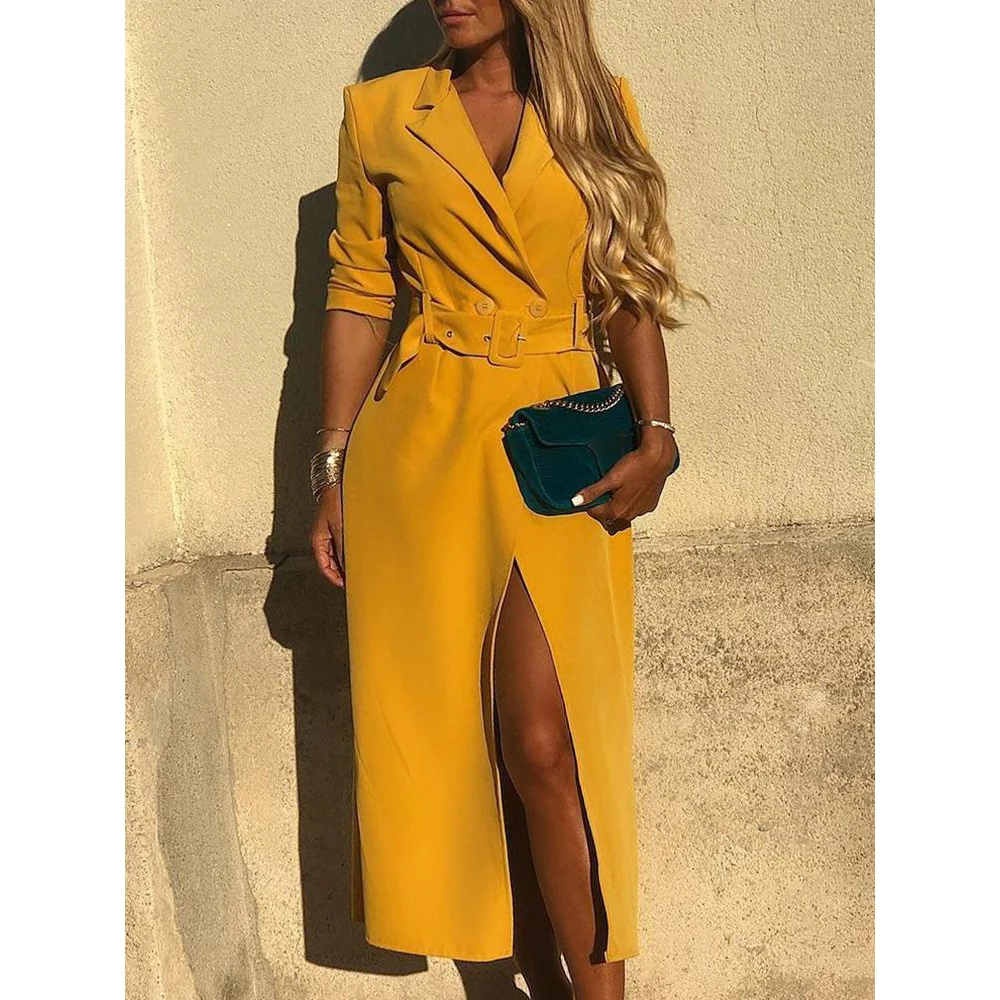2019 Yellow long sleeve sexy suit blazer dress Women belt button suit dress Elegant spring casual office lady split dress
2019 Yellow long sleeve sexy suit blazer dress Women belt button suit dress Elegant spring casual office lady split dress