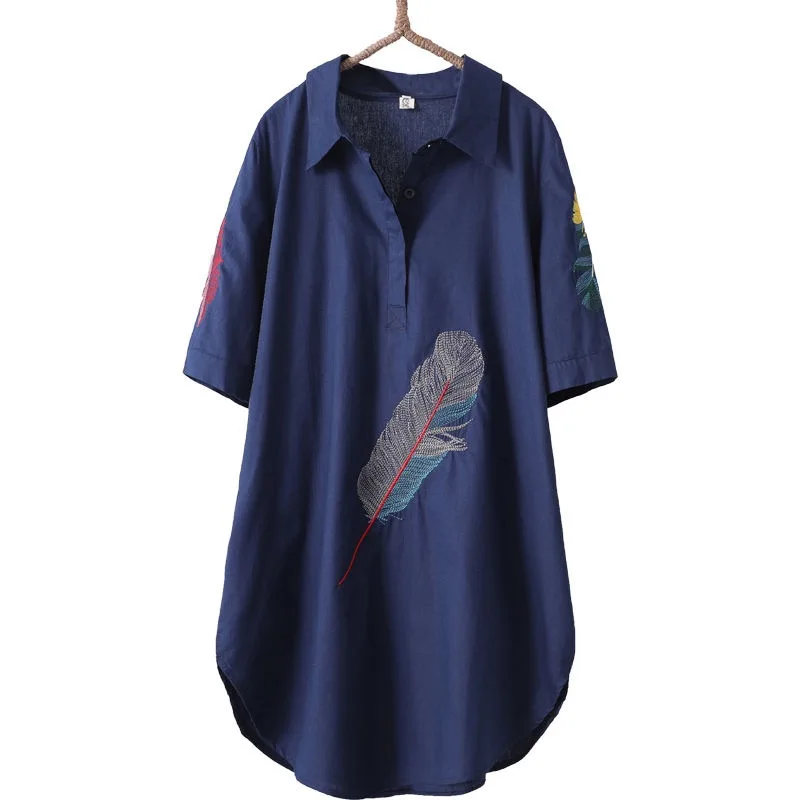 New 100% Cotton Plus size Feather Embroidery Long Blouse Women Short Sleeve Art Loose Blue Blouses and Tops Button Down Shirts
New 100% Cotton Plus size Feather Embroidery Long Blouse Women Short Sleeve Art Loose Blue Blouses and Tops Button Down Shirts