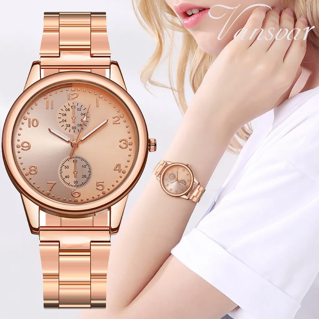 Фото Женское платье часы розовое золото нержавеющая сталь бренд Модные женские