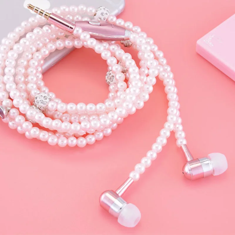 2017 Pink girl Rhinestone Jewelry Pearl Necklace Earphones With Mic 3.5mm Earbuds For Xiaomi Huawei Brithday Gift fone de ouvido 3 (1)