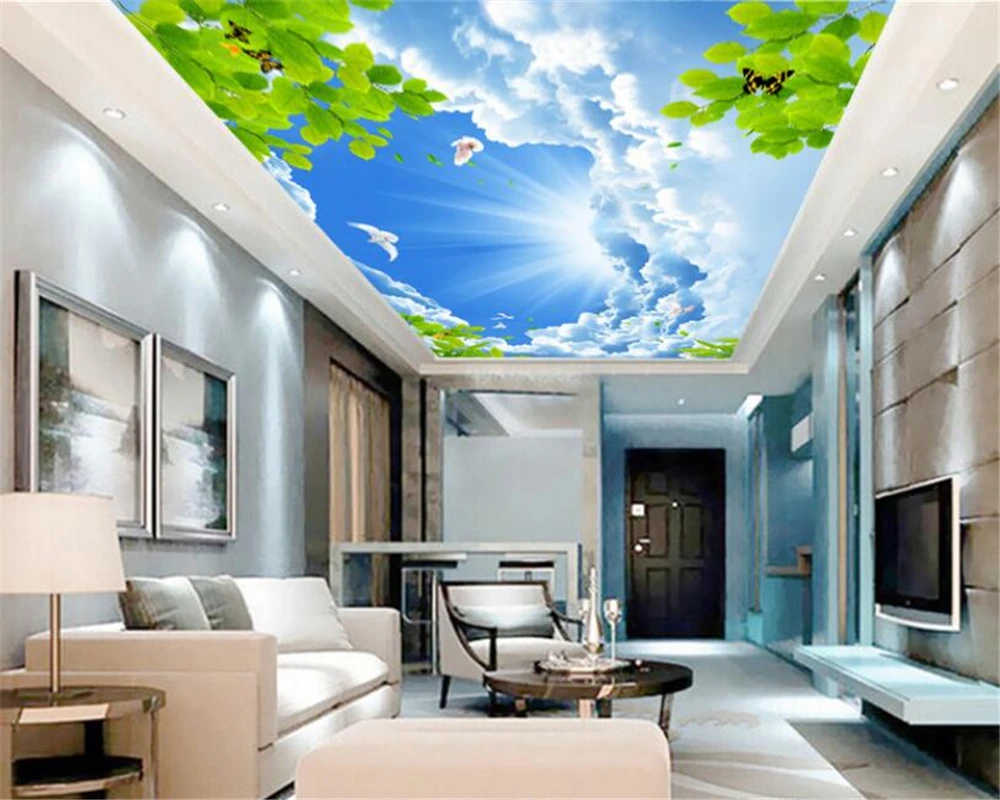 

Beibehang 3D wallpaper blue sky white clouds green leaves pigeons zenith mural living room bedroom zenith wallpaper mural photo