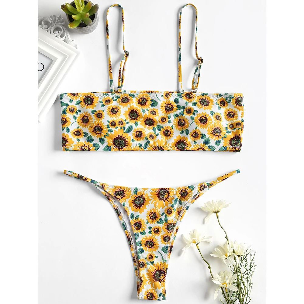 

ZAFUL 2019 Bandeau Sunflower Swimwear Women Thong Bikini Swimsuit Sexy Bandeau Collar Low Waist Padded Biquni Bathing Suit