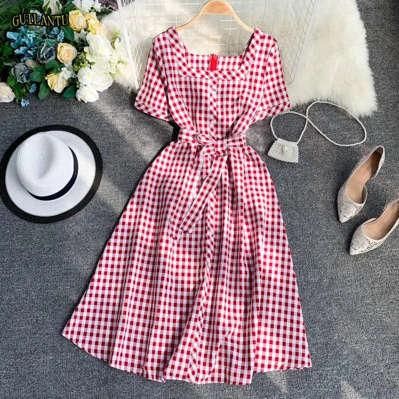 Summer Print Plaid Casual Vintage Dress Women Square Collar Short Sleeve Single Breasted Bandage Dress Evening Party Dresses
Summer Print Plaid Casual Vintage Dress Women Square Collar Short Sleeve Single Breasted Bandage Dress Evening Party Dresses