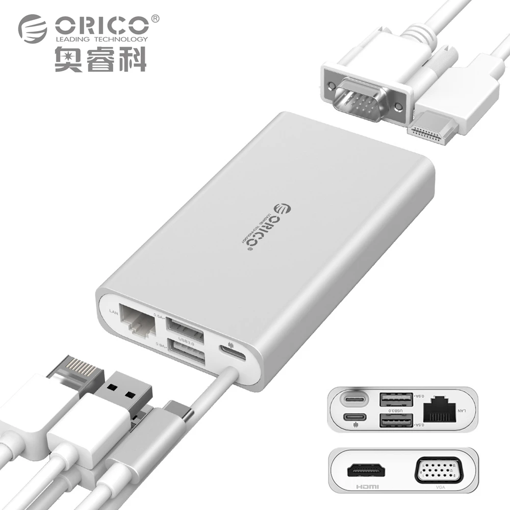 Image ORICO Type C Docking Station for MACbook Apple USB C to HDMI 4K VGA Port HUB RJ45 Network Converter