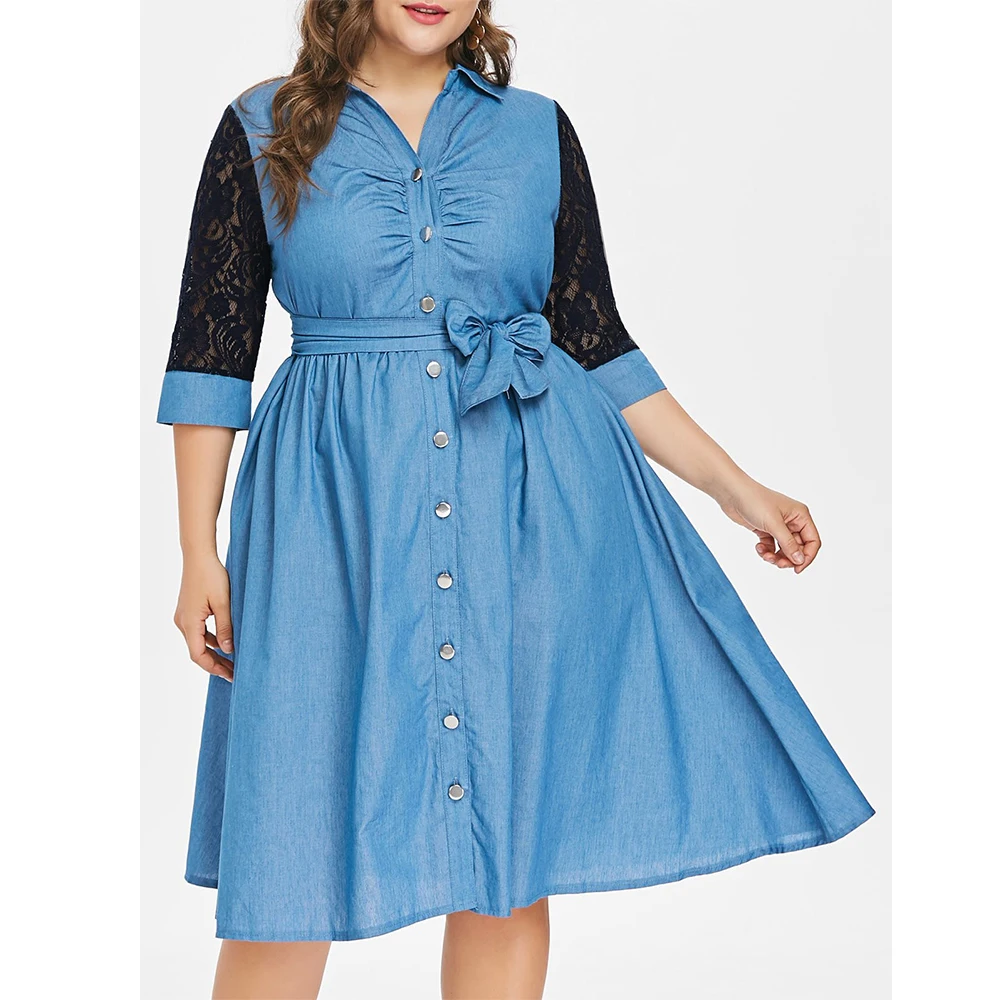 Large Size Woman Dress Sexy Lace Patchwork Belted Ladies Denim Dresses Jeans 2019 Autumn Women 3/4 Sleeve Elegant Dress 5XL D40
Large Size Woman Dress Sexy Lace Patchwork Belted Ladies Denim Dresses Jeans 2019 Autumn Women 3/4 Sleeve Elegant Dress 5XL D40