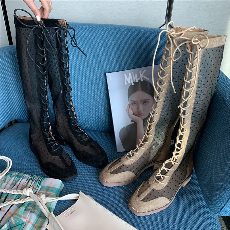 Over the knee boots mujer feminina Suede mesh stitching lace-up women's boots square toe Dotted wave point platform boots
Over the knee boots mujer feminina Suede mesh stitching lace-up women's boots square toe Dotted wave point platform boots