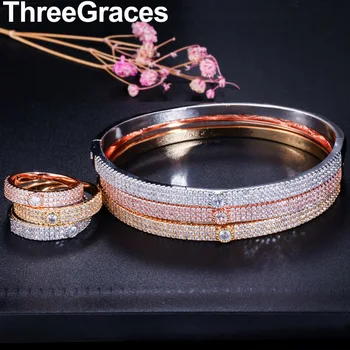 ThreeGraces Fashion Brand Rose Gold Cubic Zirconia Setting Round Open Bangles Bracelets and Rings Sets for Party Women JS261
ThreeGraces Fashion Brand Rose Gold Cubic Zirconia Setting Round Open Bangles Bracelets and Rings Sets for Party Women JS261