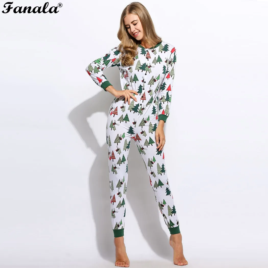 Image Women Bodysuit Sleepwear One piece Overall Romper Casual Long Sleeve Union Suit Christmas Print 2017 Female