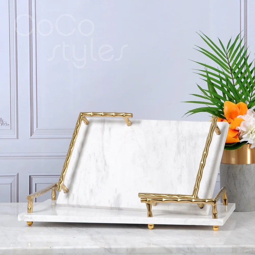 Cocostyles InsFashion hight-class white natural marble serving tray with gold handle for rich man and 5-star hotel decor
Cocostyles InsFashion hight-class white natural marble serving tray with gold handle for rich man and 5-star hotel decor