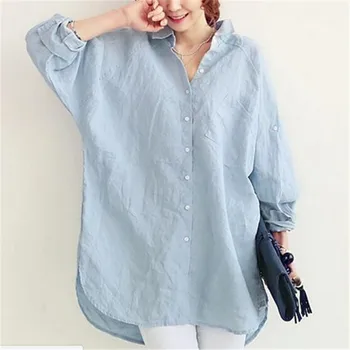 

Women Loose Blouse Shirts Blusas Shirt Women's Spring Summer Long Turning Sleeve Tops Casual Linen Plus Blue Beach Blouses