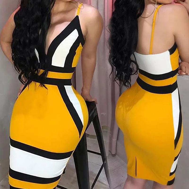 Strip Camis Dress Women Sexy Geometric Figure Yellow Strap Bodycon Casual Deep V Neck Boho Resort High Waist Club Party Dress
Strip Camis Dress Women Sexy Geometric Figure Yellow Strap Bodycon Casual Deep V Neck Boho Resort High Waist Club Party Dress