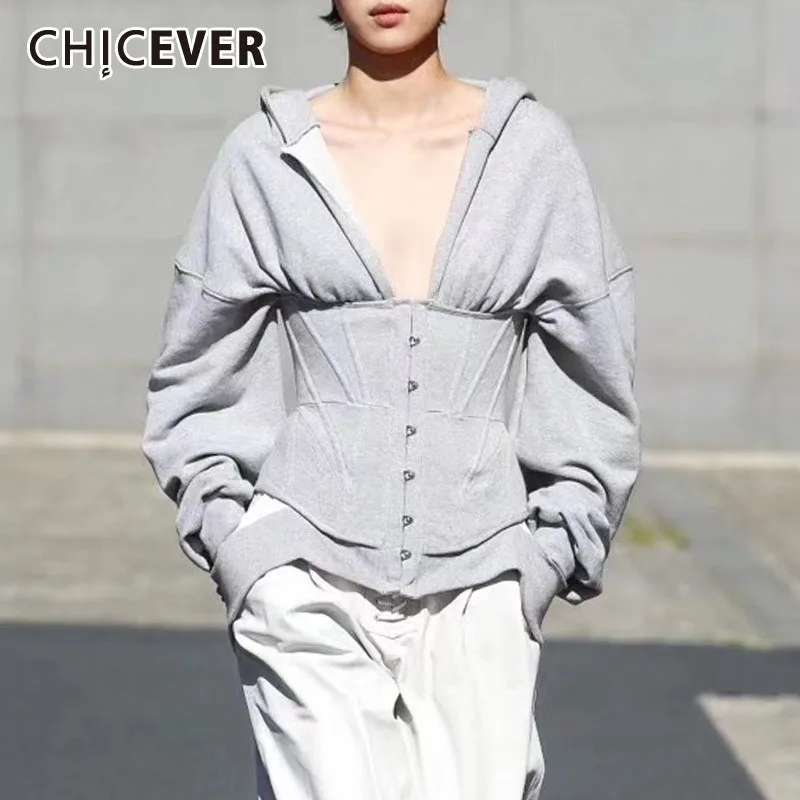 CHICEVER Summer Casual Gray Women's Pullover V Neck Hooded Long Sleeve Button Open Stitch Loose Female Hoodies 2019 Korean New
CHICEVER Summer Casual Gray Women's Pullover V Neck Hooded Long Sleeve Button Open Stitch Loose Female Hoodies 2019 Korean New