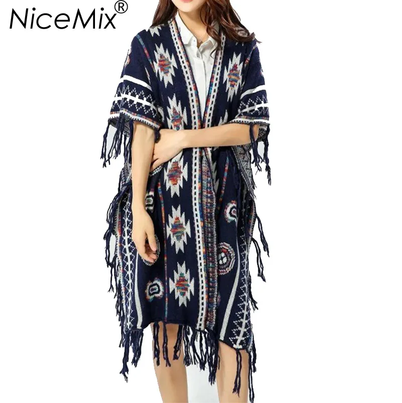 

NiceMix 2017 Autumn Tassel Cardigan Women Cape Long Poncho Sweater Casual Coats Plus Size Vintage Female Knitted Cardigans