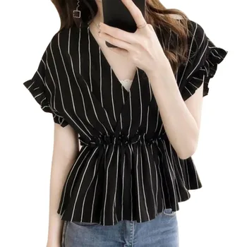 Fashion womens tops and blouses Ruffles Blouse Women Summer Short Butterfly Sleeve Shirt Striped V-Neck Shirt Casual Tops
Fashion womens tops and blouses Ruffles Blouse Women Summer Short Butterfly Sleeve Shirt Striped V-Neck Shirt Casual Tops