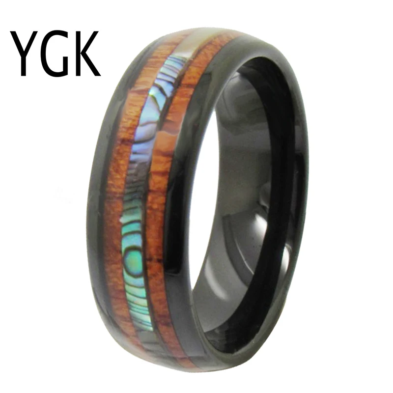 

YGK Wedding Jewelry Black Dome With Wood & Shell Inlay Tungsten Rings for Men's Bridegroom Wedding Engagement Anniversary Ring