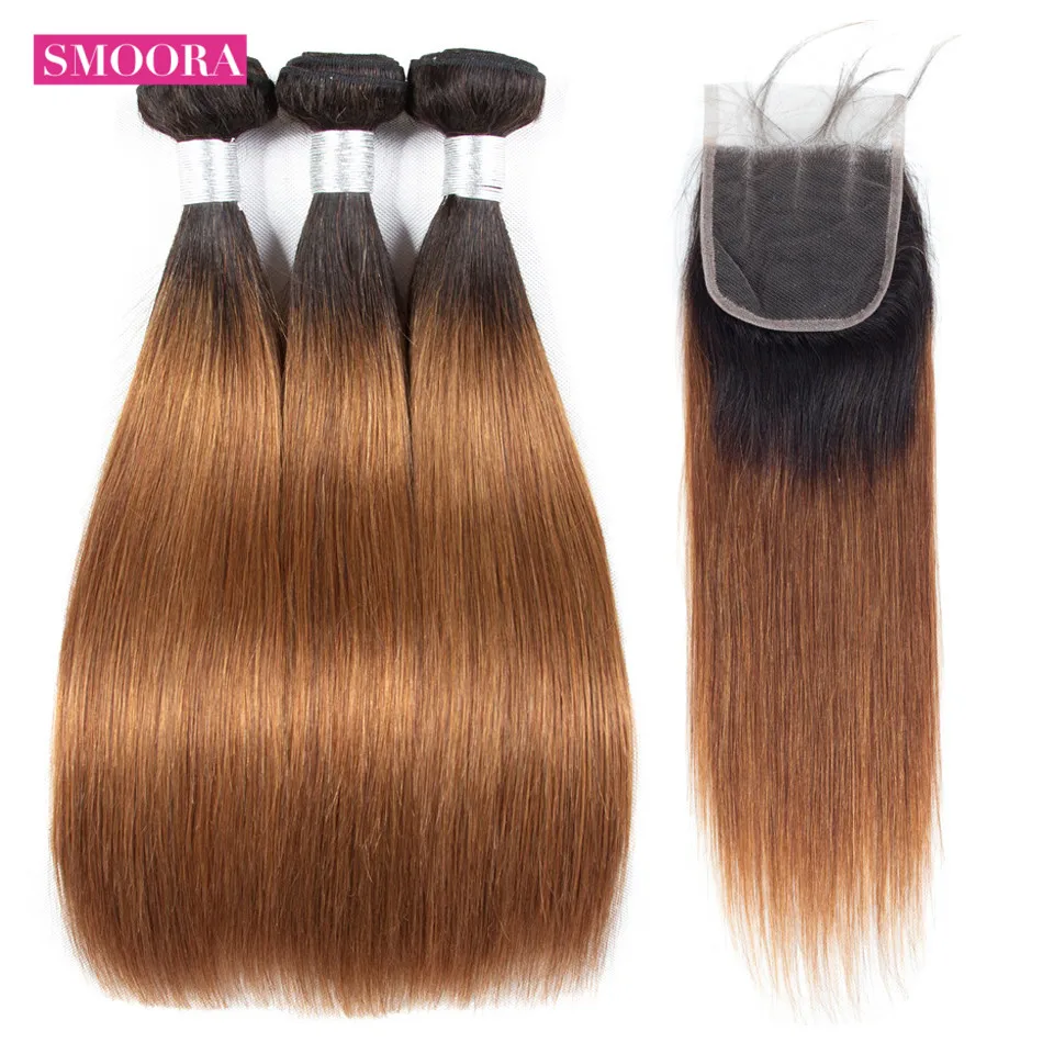 1b 30 ombre straight hair 3 bundle with closure three part