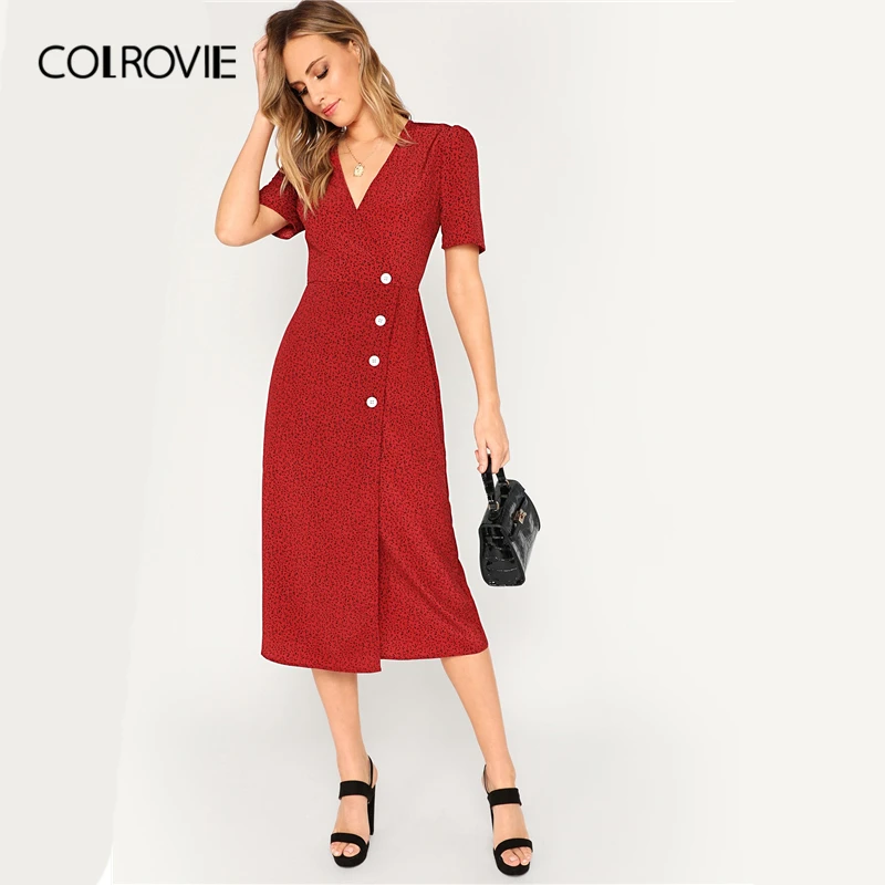 COLROVIE Red Button V Neck Flared Wrap Elegant Long Dress Women 2019 Summer Short Sleeve A Line Vintage Office Ladies Dresses
COLROVIE Red Button V Neck Flared Wrap Elegant Long Dress Women 2019 Summer Short Sleeve A Line Vintage Office Ladies Dresses