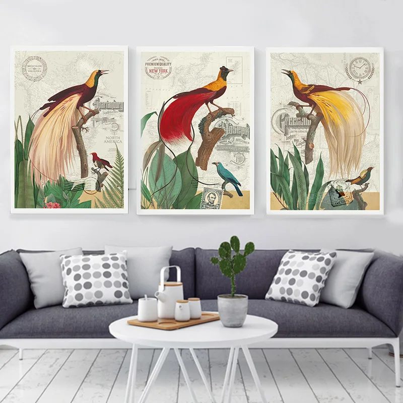 

HAOCHU Vintage American New York Pastoral Canvas Painting Paradise Bird Animal Wall Picture Cafe Shop Poster Decor