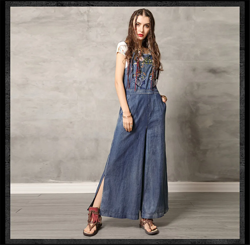 Vintage Jumpsuit Women 2019 Boho New Women Spaghetti Strap Bodysuit Denim Summer Embroidery Wide Leg Jumpsuits K306DZ Bodysuits (13)