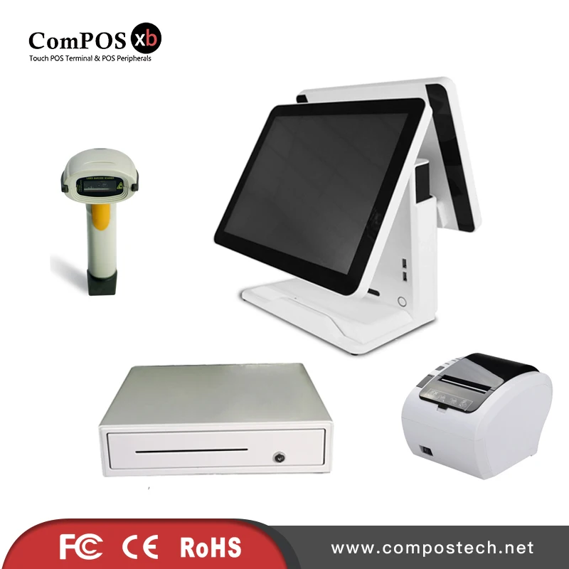 

A completely set of 15 inch dual pure screen system POS cash register with cash drawer barcode scanner printer for retail shop