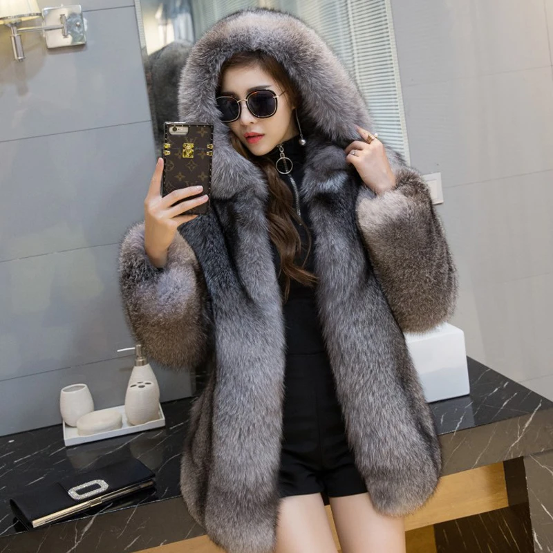Women silver frost fox fur coat with fur hood medium long fur overcoat female luxury warm jacket winter outerwear
Women silver frost fox fur coat with fur hood medium long fur overcoat female luxury warm jacket winter outerwear