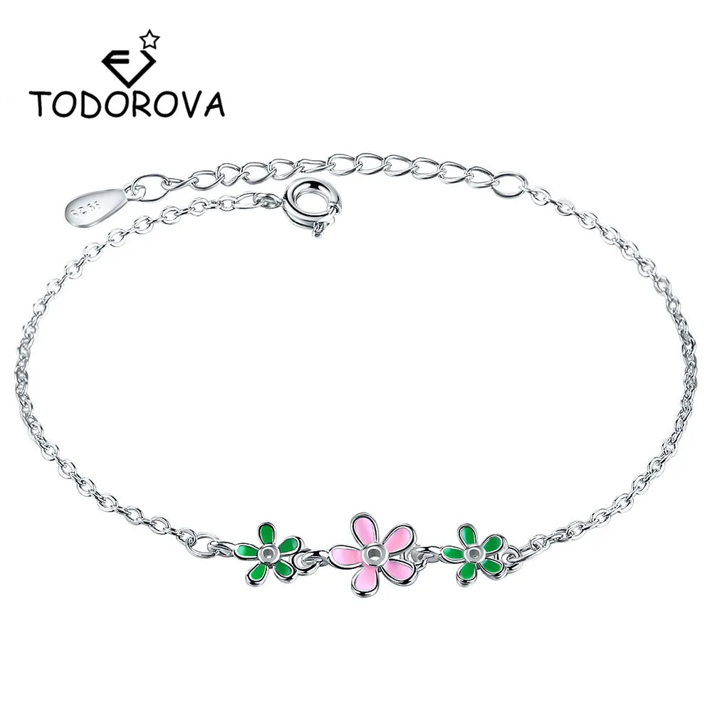 Фото Todorova Pink Green Drop Glaze Daisy Flower Bracelets Female Link Chain Wedding Bracelet Bangle for Women | Украшения и