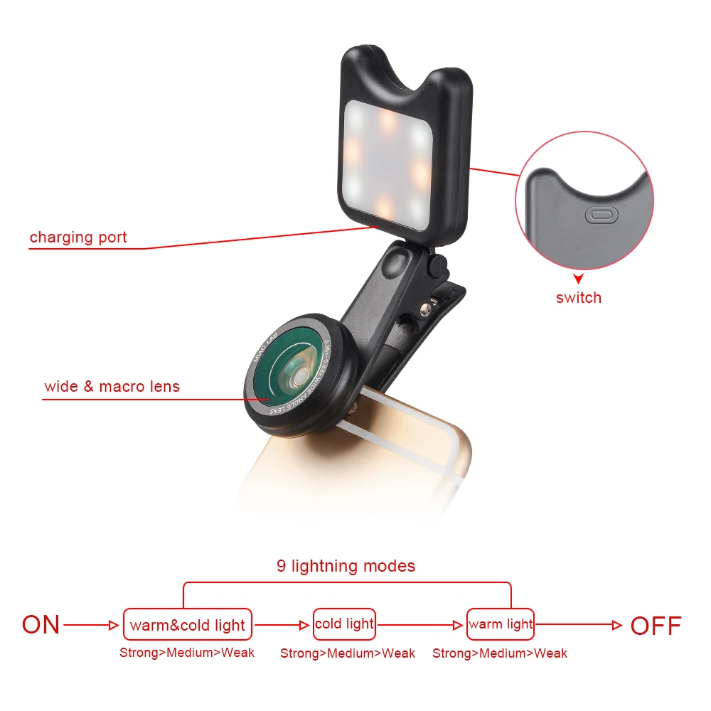 APEXEL LED Selfie Light Fill-in light +0.36X Wide Angle Lens + 15X Macro Lens Kit 19 5-