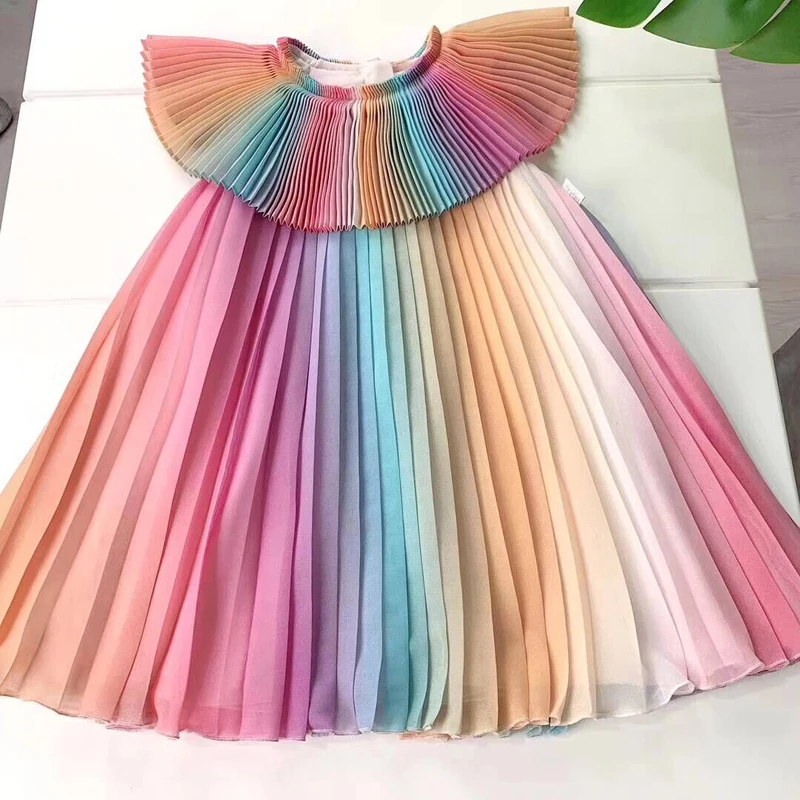 

Design Rainbows Baby Girls Pleated Dresses Chiffon Fairy Party Dress Girls Clothes Cute Maid Kids Dress