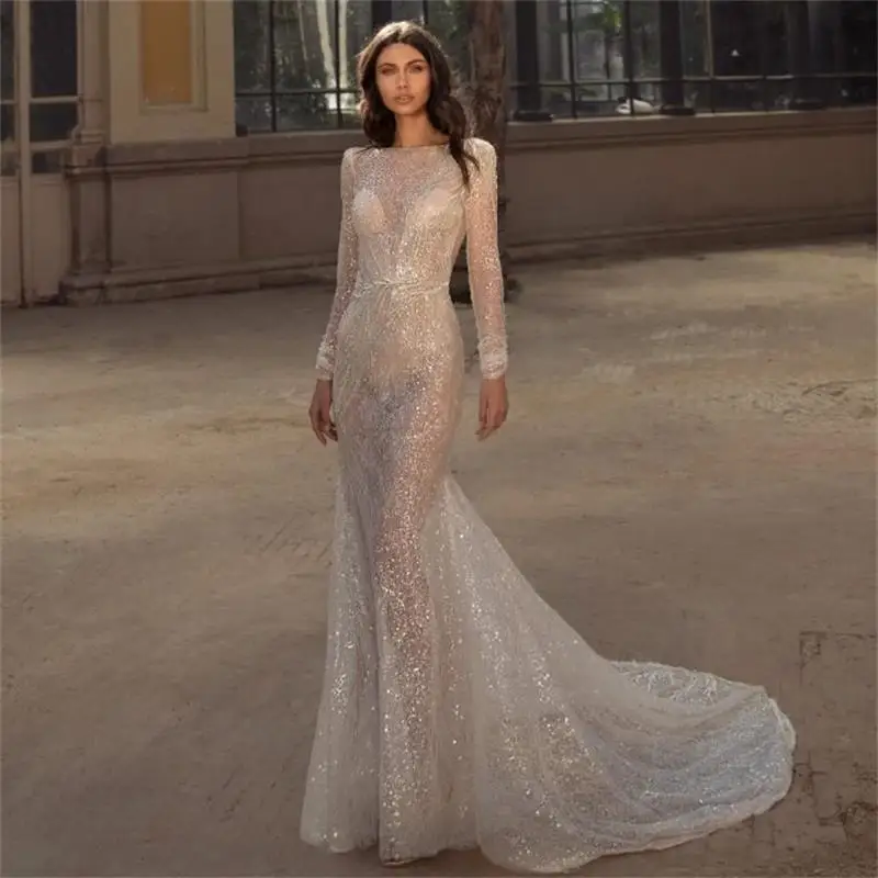 Luxury Illusion Mermaid Wedding Dress 2019 Long Sleeve Lace Sequins Beach Wedding Dress Backless Boho Bridal Gowns
Luxury Illusion Mermaid Wedding Dress 2019 Long Sleeve Lace Sequins Beach Wedding Dress Backless Boho Bridal Gowns