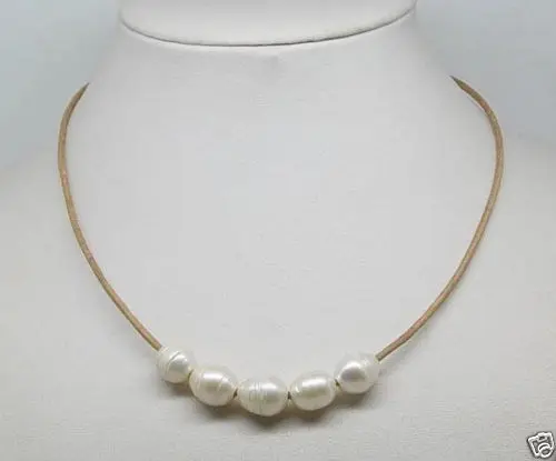 Natural 10-11mm Big White Cultural Pearl Necklace Leather Chain Growing String AA1012 | Украшения и аксессуары