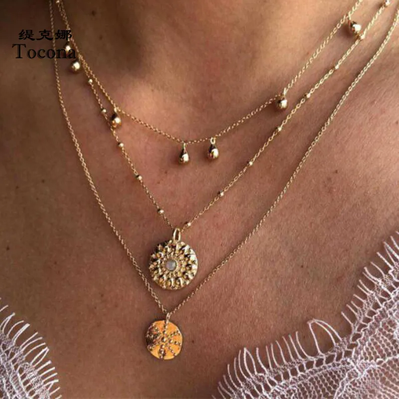 

Tocona Bohemia New Arrival Gold Necklace 3 Layers Geometry Pattern Crystal Pendant Multilayer Chain Choker Women Jewelry C16201