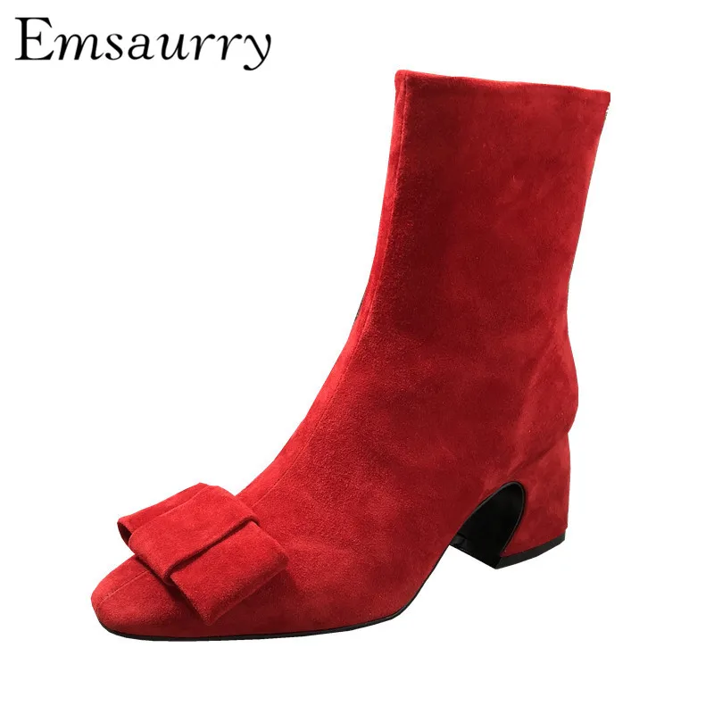 Strange Chunky Heel Ankle Boots Women Square Toe Red Suede Butterfly-knot Side Zipper Autumn Winter Short Booties
Strange Chunky Heel Ankle Boots Women Square Toe Red Suede Butterfly-knot Side Zipper Autumn Winter Short Booties