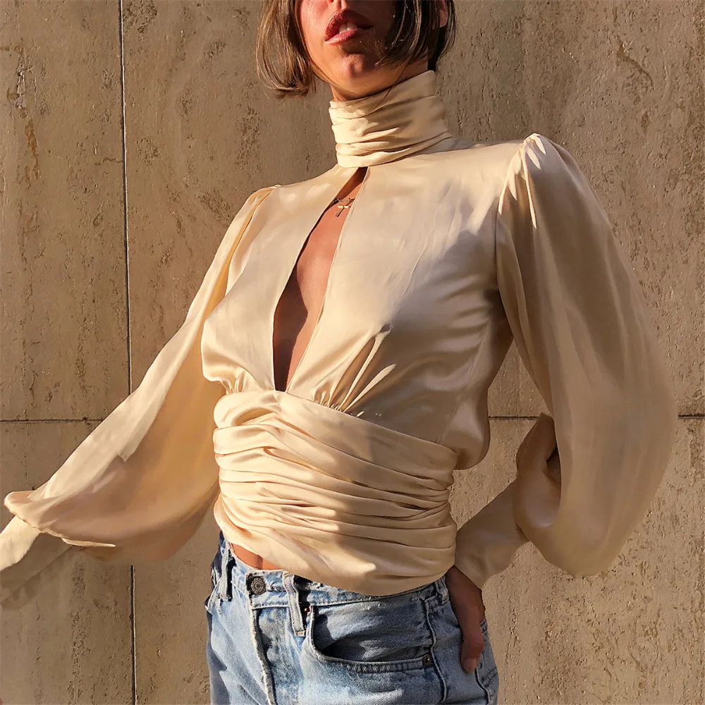 Elegant Silk Stain Blouses Women Shirt Turtleneck Lantern Sleeve Spring Summer Female Blouse Backless Women Tops Blouses E20
Elegant Silk Stain Blouses Women Shirt Turtleneck Lantern Sleeve Spring Summer Female Blouse Backless Women Tops Blouses E20