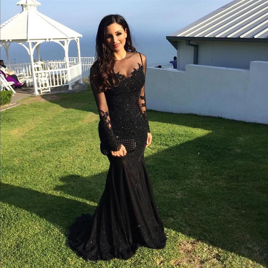 Scoop Neckline Long Sleeves Black Prom Dresses Memraid Plus Size Illusion Lace Applique Evening Gowns Formal Dresses
Scoop Neckline Long Sleeves Black Prom Dresses Memraid Plus Size Illusion Lace Applique Evening Gowns Formal Dresses