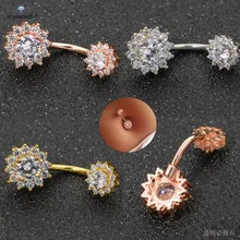 Starbeauty 14G gran gema clara cuelga los anillos del botón del vientre Rosa oro flor pendientes Ombligo Piercing joya(China)