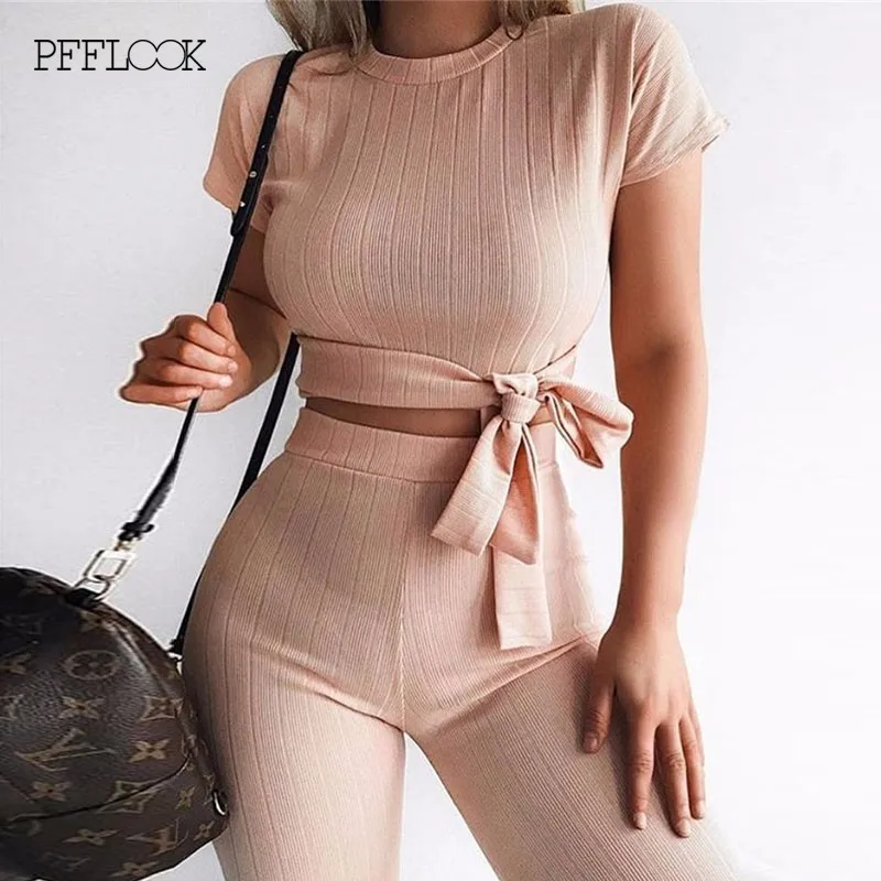 PFFLOOK Bow Tie Women Two Piece Set Solid Ribbed O Neck Crop Top And Wide Leg Pants Set Sexy Short Sleeve Women Knitted Suits
PFFLOOK Bow Tie Women Two Piece Set Solid Ribbed O Neck Crop Top And Wide Leg Pants Set Sexy Short Sleeve Women Knitted Suits