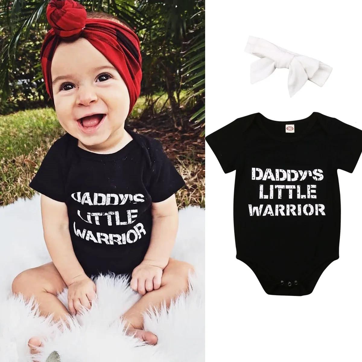Фото Father's Day Fashion Newborn Infant Baby Boys Girls Causal Letter Print Black Romper Bodysuit+White Headband Jumpsuit Set | Мать и