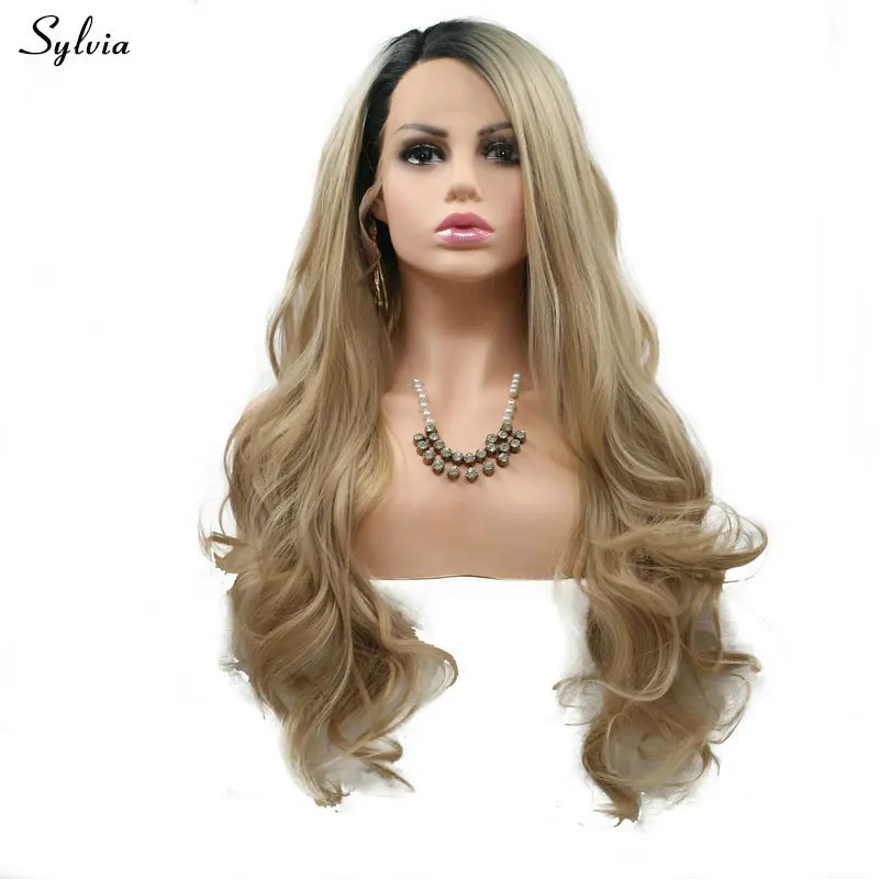 dark roots ombre blonde synthetic lace front wig (4)