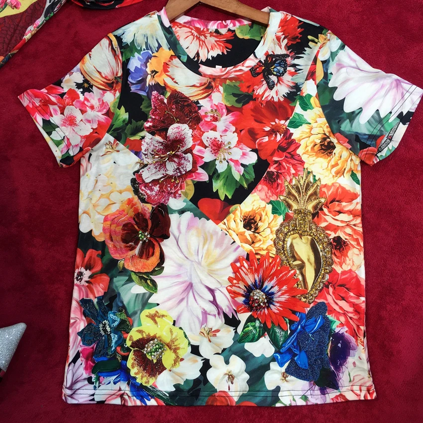 High Quality Casual 2019 Women's Summer Designer Fashion Floral Beading Diamonds print Short Sleeve Cotton T-Shirt
High Quality Casual 2019 Women's Summer Designer Fashion Floral Beading Diamonds print Short Sleeve Cotton T-Shirt