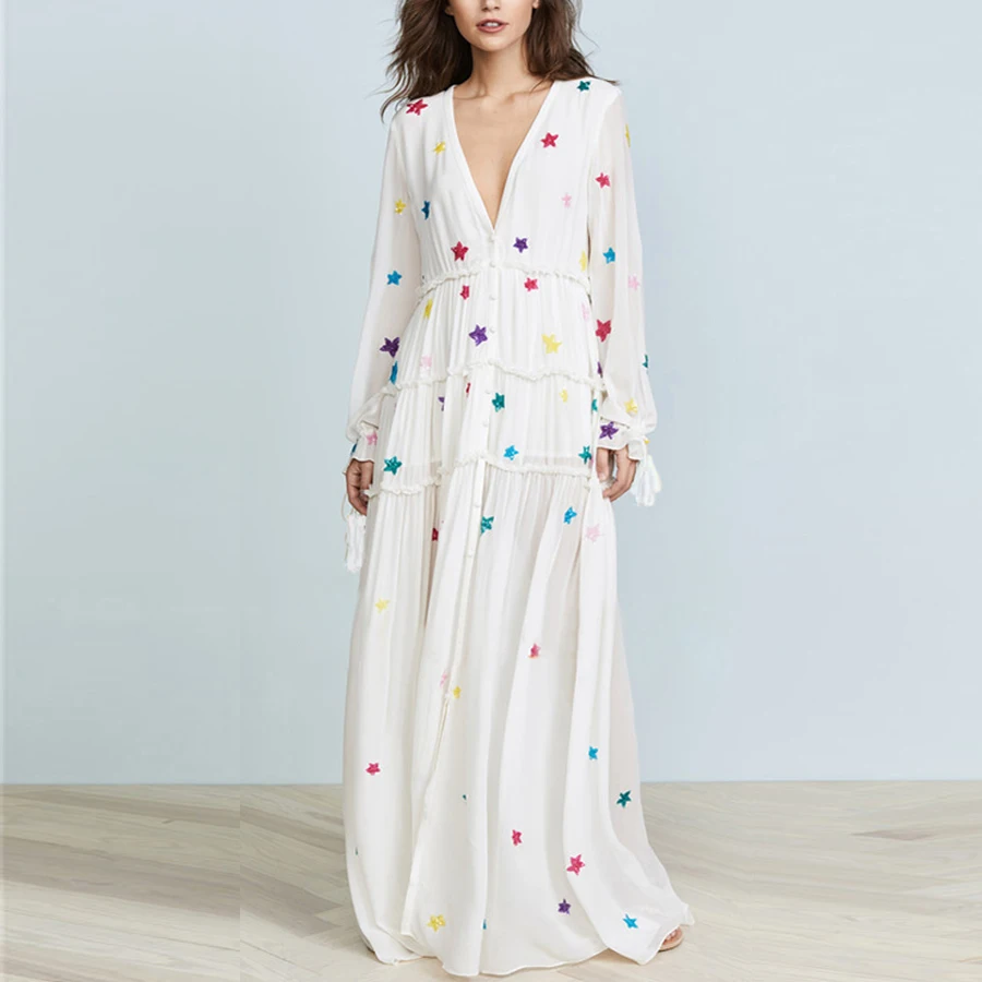 Boho Stars Embroidered Long Sleeve Women Dresses Seaside Holiday Spring Summer Dress V-Neck Loose Bohemian Long Dress for Beach
Boho Stars Embroidered Long Sleeve Women Dresses Seaside Holiday Spring Summer Dress V-Neck Loose Bohemian Long Dress for Beach