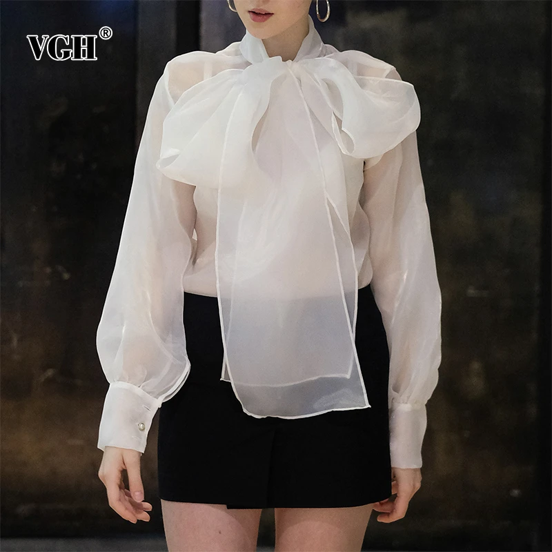 VGH Summer Chiffon Shirt For Women Bow Collar Lantern Long Sleeve Loose Perspective Casual Blouse Top Female 2019 Fashion New
VGH Summer Chiffon Shirt For Women Bow Collar Lantern Long Sleeve Loose Perspective Casual Blouse Top Female 2019 Fashion New