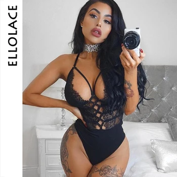 

Ellolace Lace Up Bodysuit Deep-V Overslls for Women Hollow Out Female Body Backless Sexy Bodycon Jumpsuit 2019 Summer Rompers