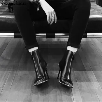 Spring Autumn Leather Shoes Woman Pointed Toe High Heels Ankle Boots Front Zipper Rivets Runway Shoes Black White Botas Mujer
Spring Autumn Leather Shoes Woman Pointed Toe High Heels Ankle Boots Front Zipper Rivets Runway Shoes Black White Botas Mujer