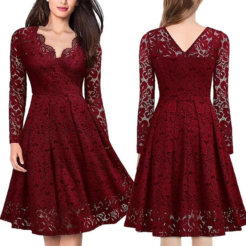 New Elegant Lace Dress Women Sexy V Neck Long Sleeves Solid Colors Heigh Quality High Waist A-Line Casual Party Dresses | Женская одежда